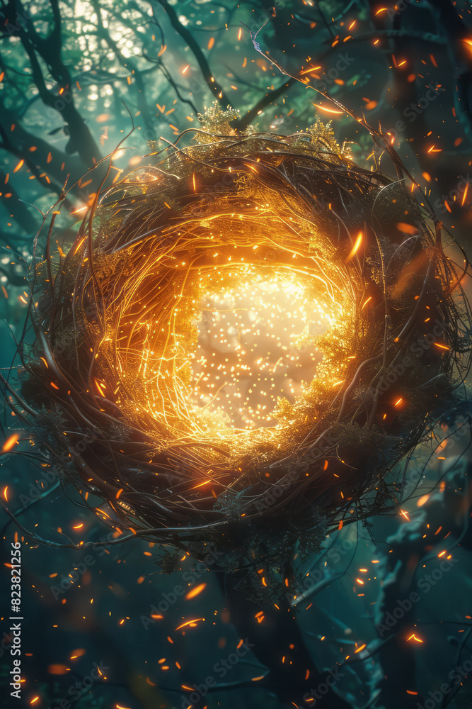 Poster artistic rendering of a nest glowing with an inner light, with beams of color and energy shooting ou
