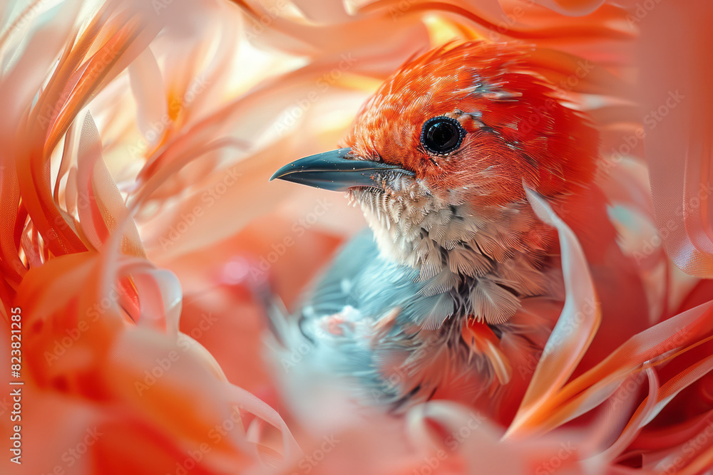 Poster depiction of a bird weaving its nest, with dynamic lines and bright colors illustrating the speed an
