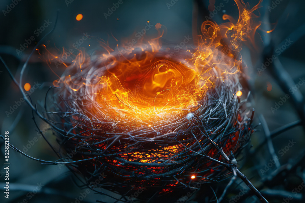 Aufkleber depiction of a bird's nest glowing with energy, with dynamic lines of color spreading out in all dir