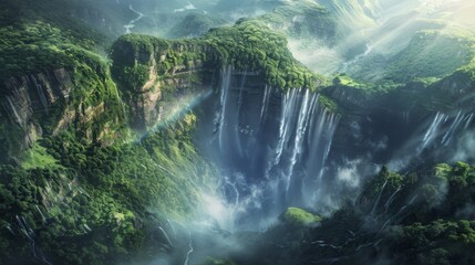 reathtaking aerial view of a valley with a majestic waterfall cascading down a rugged cliff, surrounded by lush greenery and a misty rainbow forming in the spray. - Powered by Adobe