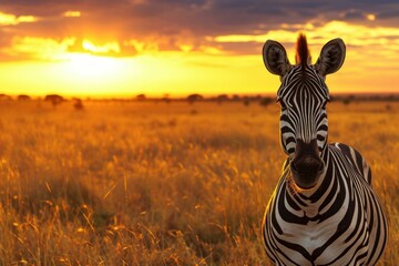 Zebra stands in the golden savanna grass against a vibrant sunset