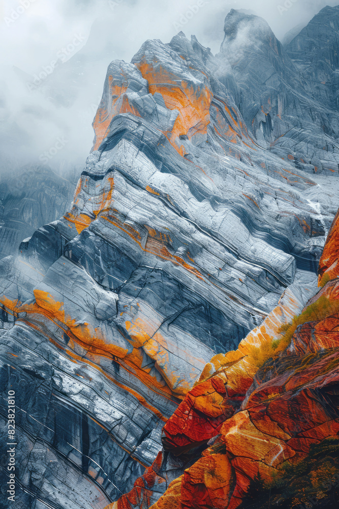 Poster depiction of a nest integrated into a mountain landscape, with lines and colors representing the ele