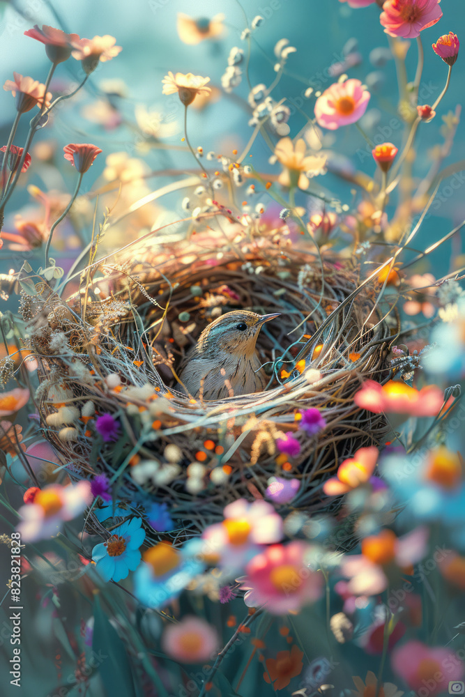 Aufkleber artistic rendering of a bird's nest surrounded by a meadow of wildflowers, with swirling lines and b