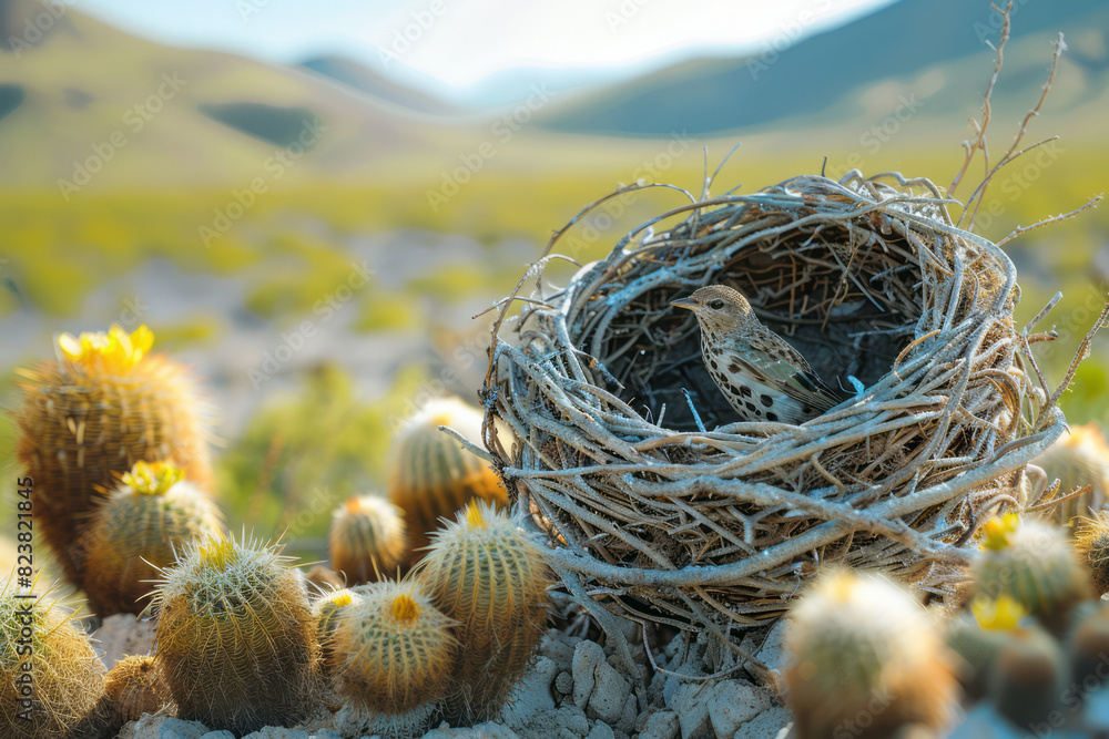 Aufkleber abstract composition of a birds nest merging with a desert landscape, with sand dunes and cacti form