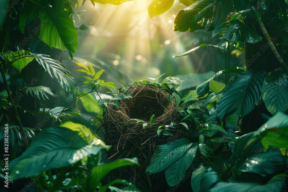 Aufkleber abstract image of a bird's nest integrated into a rainforest canopy, with lush foliage and wildlife 