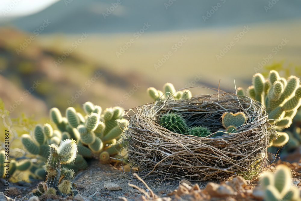 Aufkleber abstract composition of a birds nest merging with a desert landscape, with sand dunes and cacti form