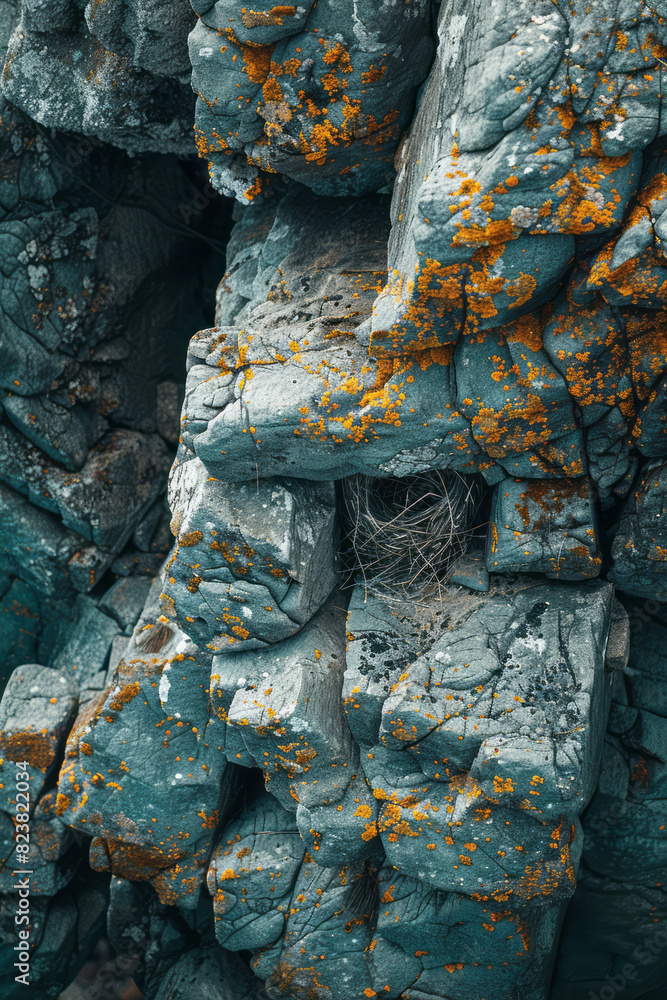 Aufkleber abstract composition of a bird's nest blending into a rocky hillside, with moss and lichen adding de