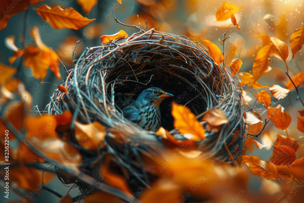 Poster abstract image of a bird's nest at the heart of an autumn landscape, with falling leaves and warm co