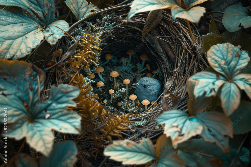 Aufkleber abstract image of a bird's nest at the heart of an autumn landscape, with falling leaves and warm co