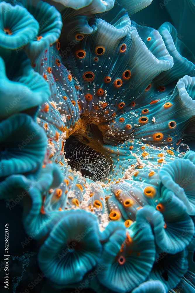 Aufkleber Abstract image of a bird's nest forming part of a coral reef, with intricate patterns and bright colors symbolizing marine biodiversity.