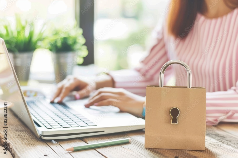 Poster hand on laptop keyboard with padlock representing data security and cybersecurity measures.