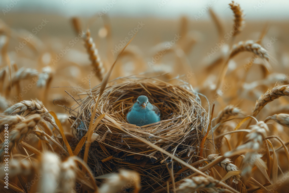 Aufkleber depiction of a bird's nest among a field of wheat, with lines and textures representing the cycles o