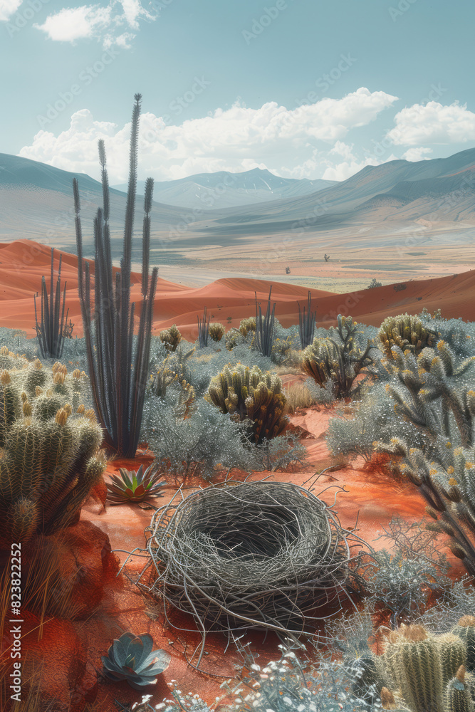 Aufkleber Artistic rendering of a bird's nest in a desert landscape, with sand dunes and cacti creating a stark yet harmonious scene.
