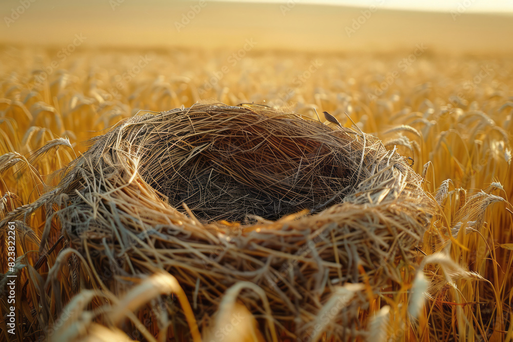 Poster Depiction of a bird's nest among a field of wheat, with lines and textures representing the cycles of growth and harvest.