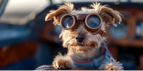 Yorkshire Terrier Pilot Flying a Plane with Aviator Goggles. Concept Pet Photography, Aviation Theme, Yorkshire Terrier, Dog in Costume