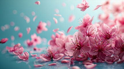 Fototapeta premium Floating cherry blossom petals on soft blue background creating a serene and delicate scene