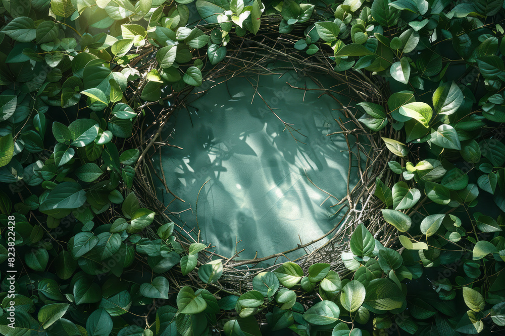 Aufkleber Illustration of scattered branches and leaves gradually forming a circular pattern, representing the initial stages of nest construction,