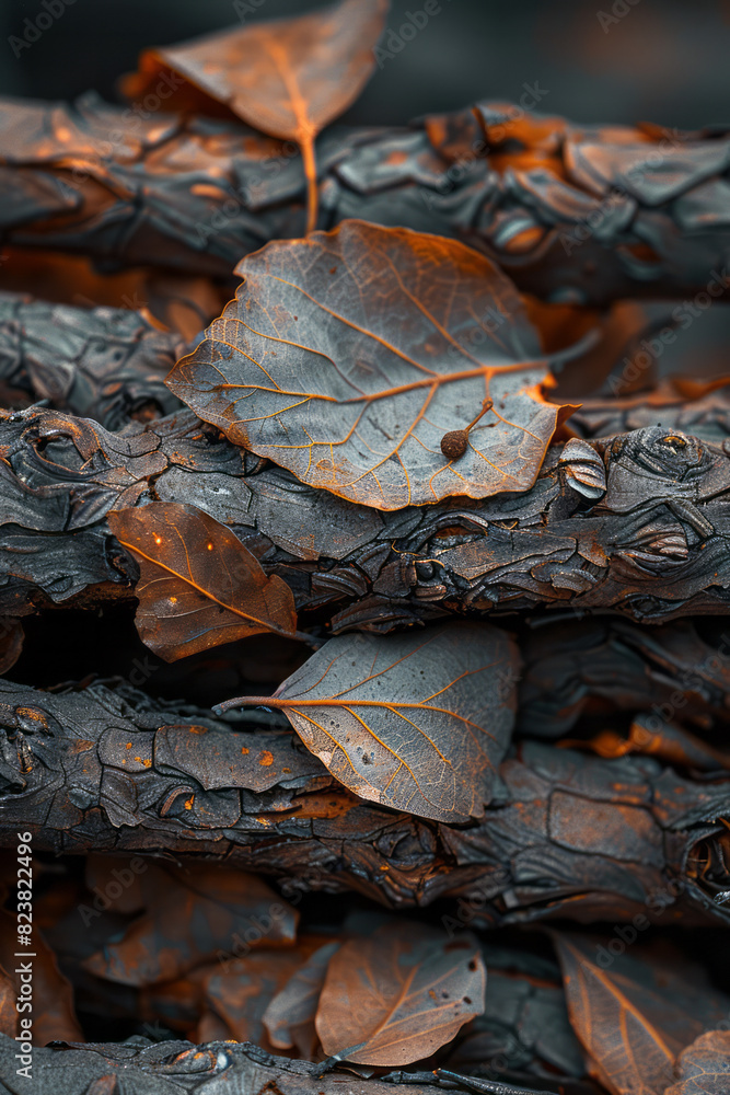 Aufkleber Artistic rendering of twigs and leaves intertwining to create the base of a bird's nest, showing the transition from raw materials to structure.