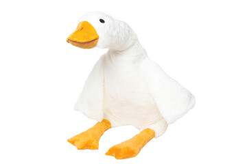 Childrens toy stuffed animals. Soft white plush toy duck for kids isolated on a white background....