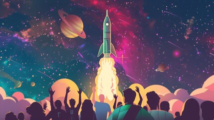 People raise their hands in excitement as they watch a rocket launch into a vibrant, space-themed sky filled with planets and stars. - Powered by Adobe