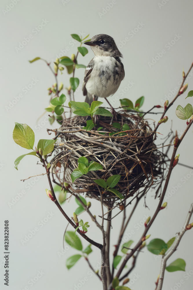 Aufkleber Illustration of a bird assembling a nest by layering leaves and twigs in a precise, overlapping pattern,