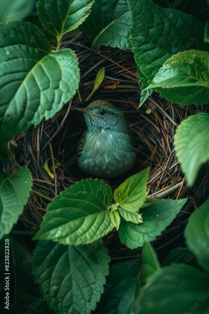 Aufkleber Illustration of a bird assembling a nest by layering leaves and twigs in a precise, overlapping pattern,