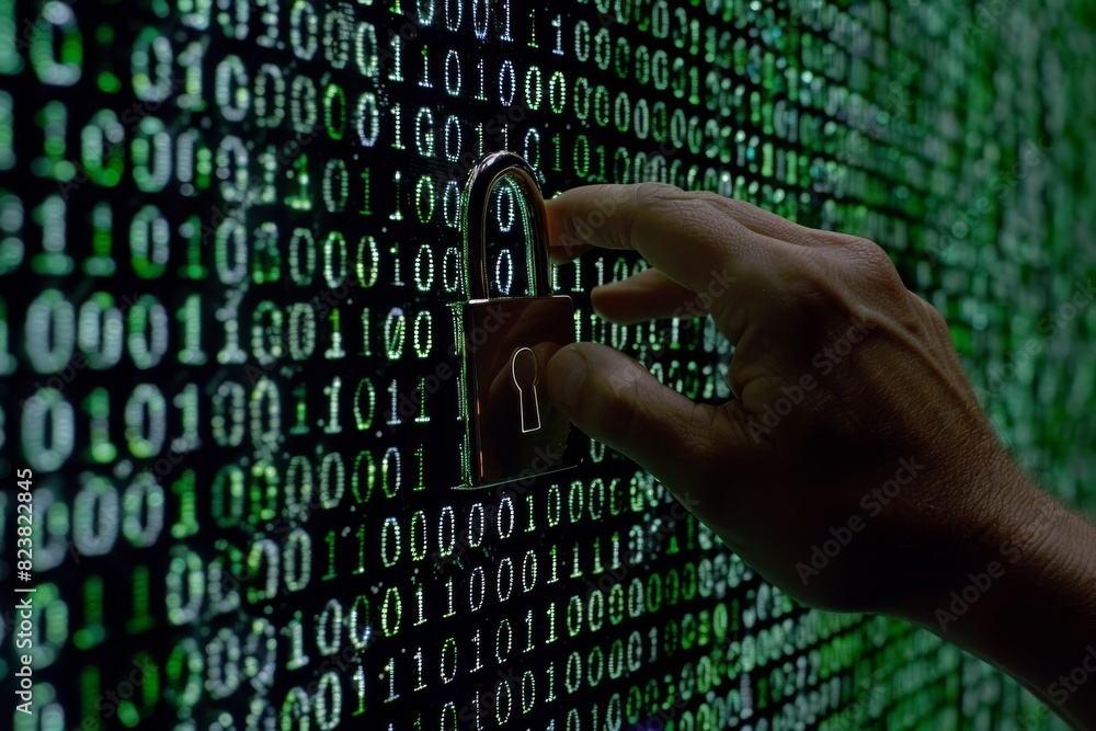 Aufkleber hand holding a padlock in front of a digital code background, symbolizing data protection and cybers
