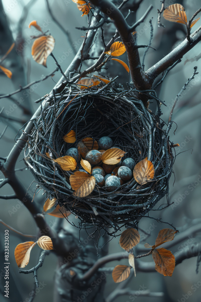 Aufkleber Depiction of a bird's nest forming from a swirling mix of leaves and twigs, symbolizing the harmonious integration of materials.
