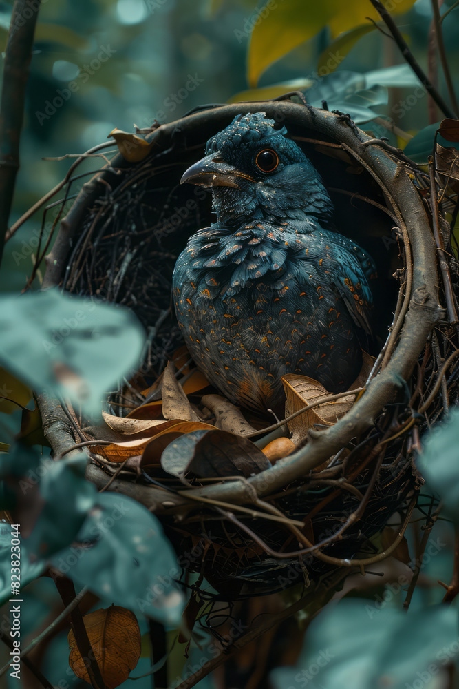 Fototapete depiction of a bird using its beak and claws to shape twigs and leaves into a beautifully intricate 