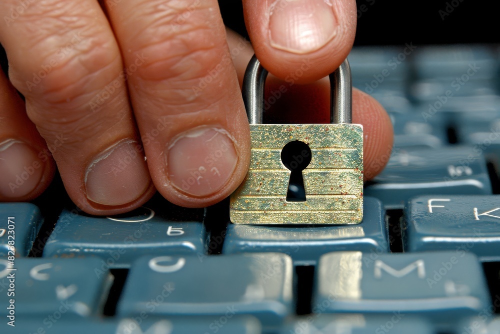 Poster finger placing a padlock on a keyboard, representing data security and cybersecurity measures.