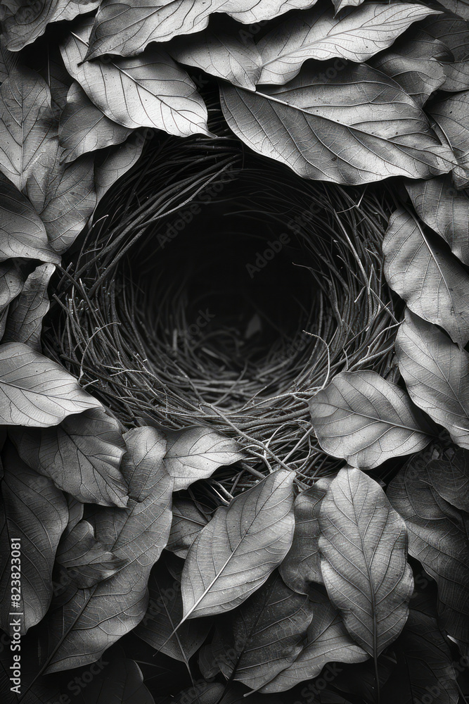 Aufkleber depiction of a bird's nest forming from a swirling mix of leaves and twigs, symbolizing the harmonio