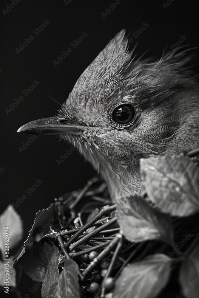 Fototapete Depiction of a bird using its beak and claws to shape twigs and leaves into a beautifully intricate nest, showcasing the transformation from simple materials to complex architecture,