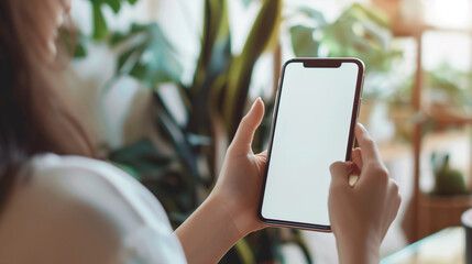 Young woman hands holding cell phone touching finger on mockup white blank display, empty screen for social media app ad at home. Mobile application tech concept, over shoulder view. Generative AI.
