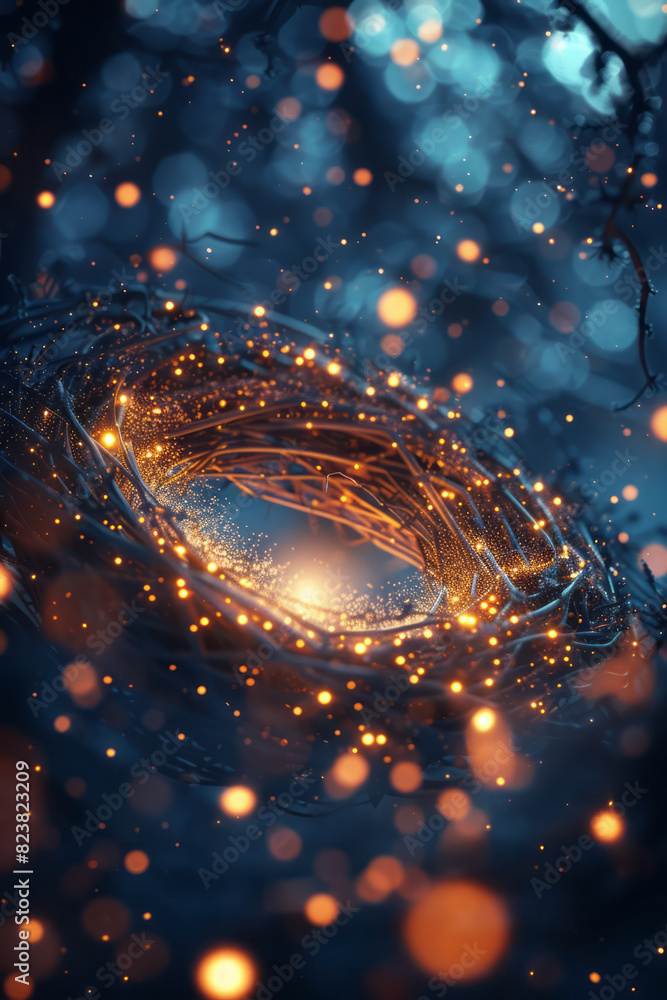 Aufkleber illustration of a nest built within the rings of saturn, with glowing particles and distant stars cr