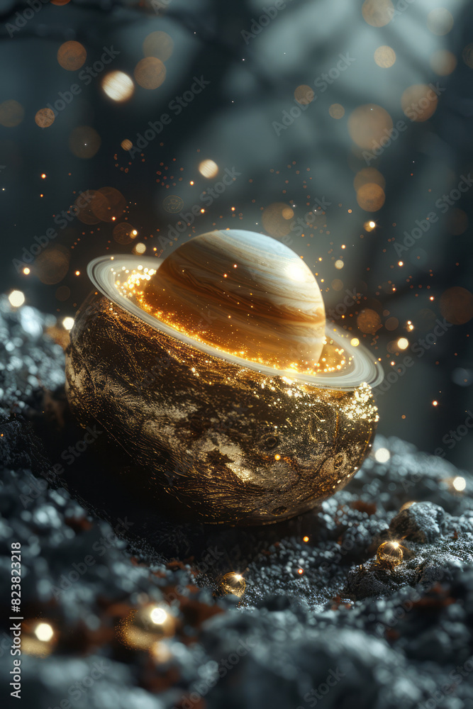 Aufkleber Illustration of a nest built within the rings of Saturn, with glowing particles and distant stars creating a magical environment,