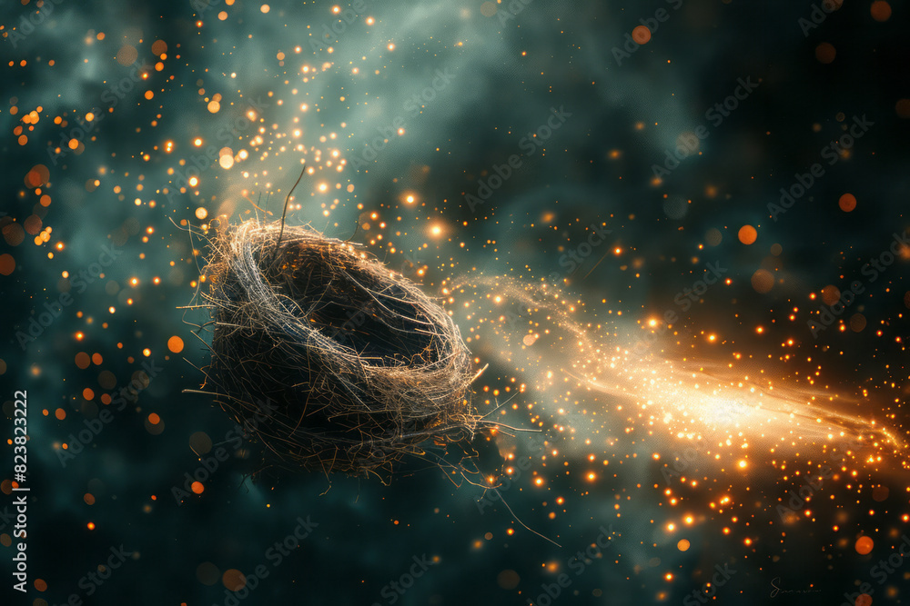 Aufkleber Abstract image of a bird's nest on a comet, trailing a bright tail of light as it moves through space.