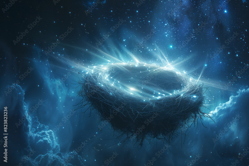Aufkleber Artistic rendering of a nest connected by beams of light to a distant constellation, symbolizing interstellar harmony,