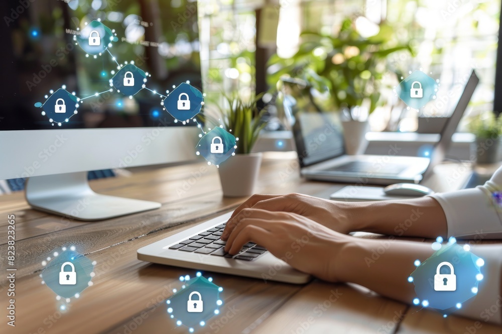 Poster hands typing on laptop with padlock and security icons overlay, representing data protection and cyb