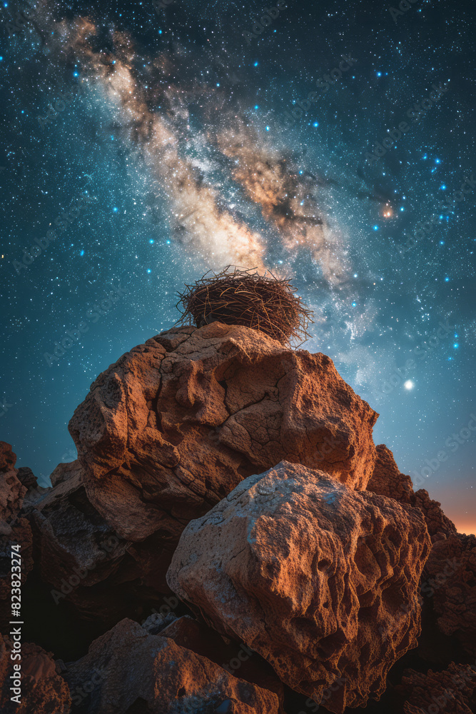 Aufkleber abstract image of a bird's nest resting on a moon, with the milky way stretching across the sky.