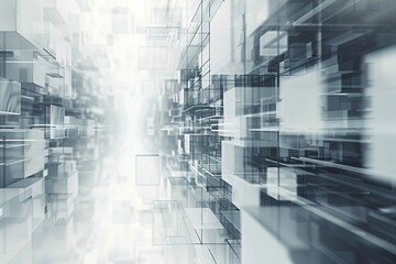 Sleek, metallic silver blocks connected by radiant energy beams, contrasting with a background of white cubes and light gray enclosures.