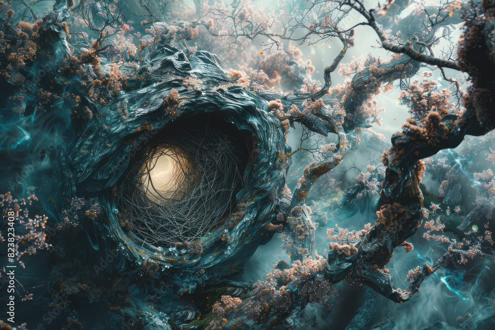 Aufkleber depiction of a bird's nest integrated into an alien tree on a distant planet, with strange, luminesc