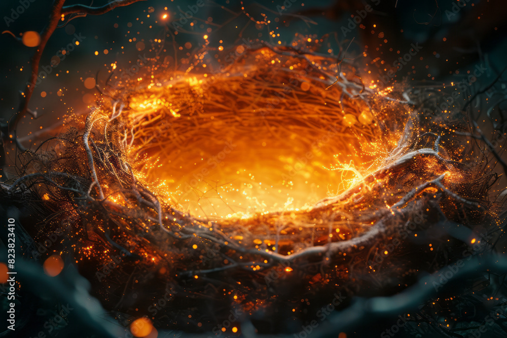 Aufkleber Artistic rendering of a nest made from fragments of a supernova, glowing with the remnants of stellar explosions,