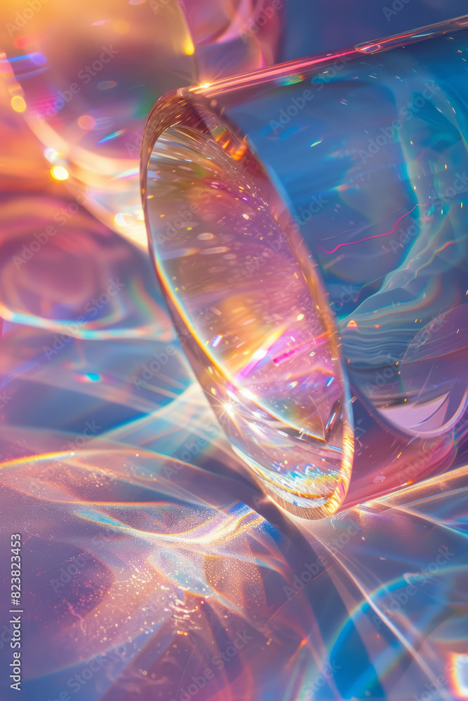 Poster a close-up of a crystal lens projecting intricate rainbow patterns onto a white surface, with the co