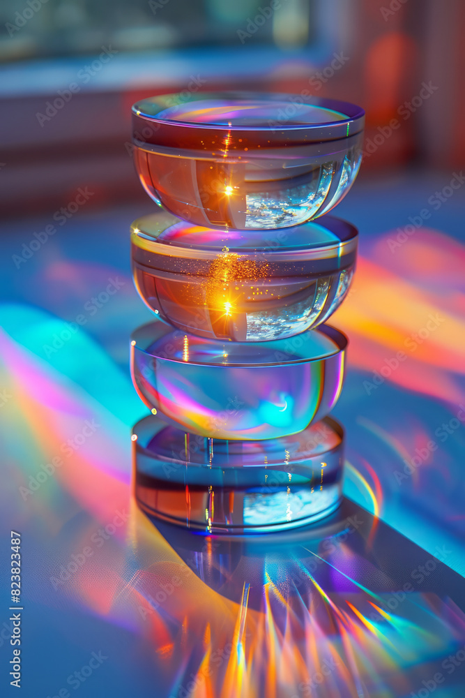 Poster a close-up of a crystal lens projecting intricate rainbow patterns onto a white surface, with the co