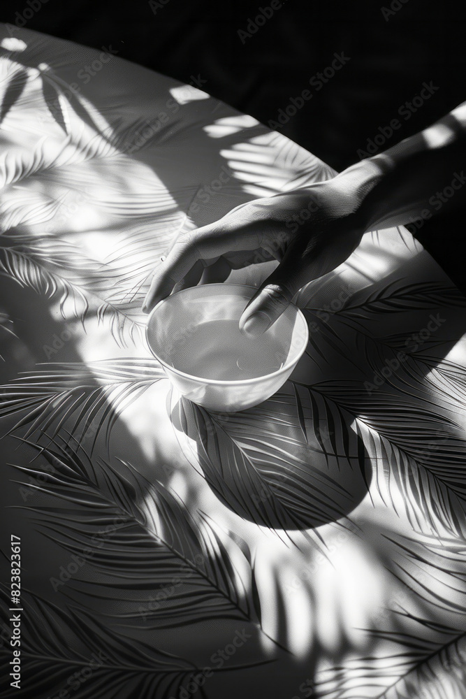 Poster a scene of a hand-held lens focusing sunlight into a bright point on a piece of paper, casting compl
