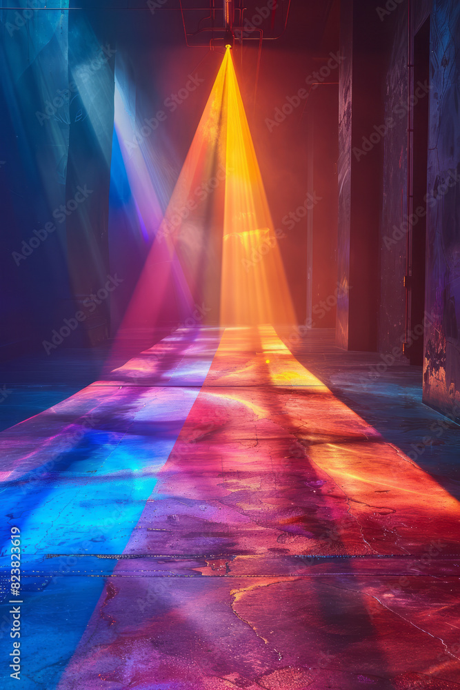 Aufkleber A dynamic image of a light beam passing through a prism, splitting into a spectrum of colors that paint the surrounding walls,
