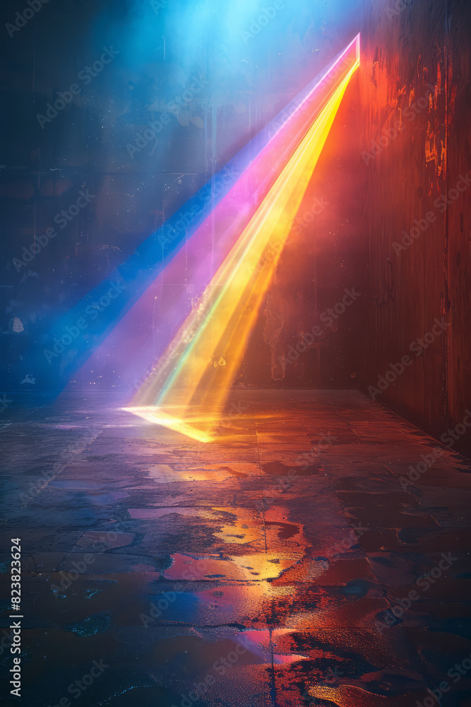 Aufkleber A dynamic image of a light beam passing through a prism, splitting into a spectrum of colors that paint the surrounding walls,