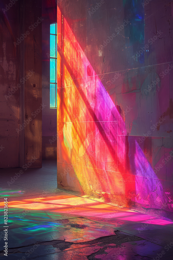 Poster A dynamic image of a light beam passing through a prism, splitting into a spectrum of colors that paint the surrounding walls,