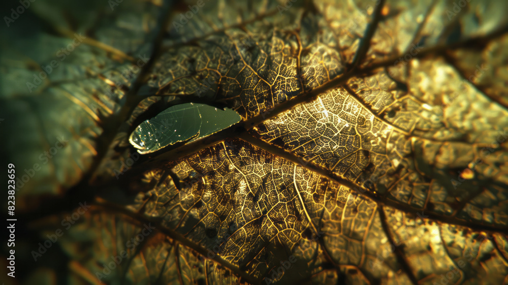 Aufkleber An artistic rendering of a convex lens magnifying the details of a leaf, with the veins and textures brought into sharp focus,