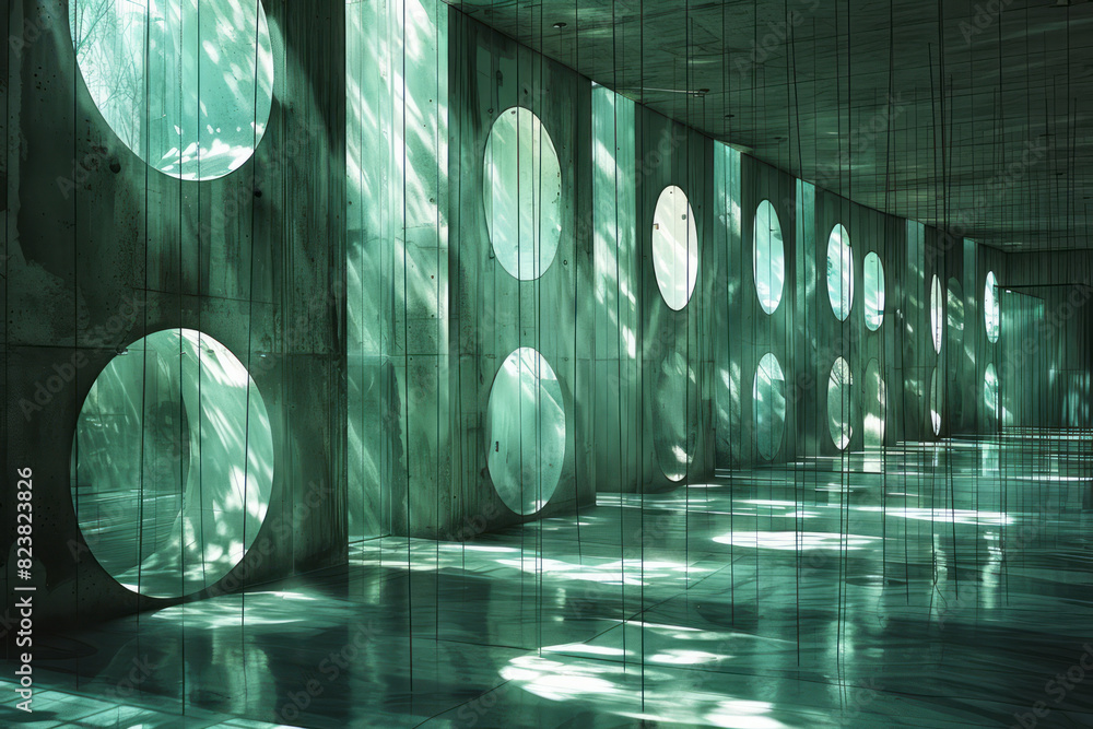 Aufkleber A surreal depiction of a room filled with hanging lenses, each casting unique patterns of light and shadow on the walls and floor,